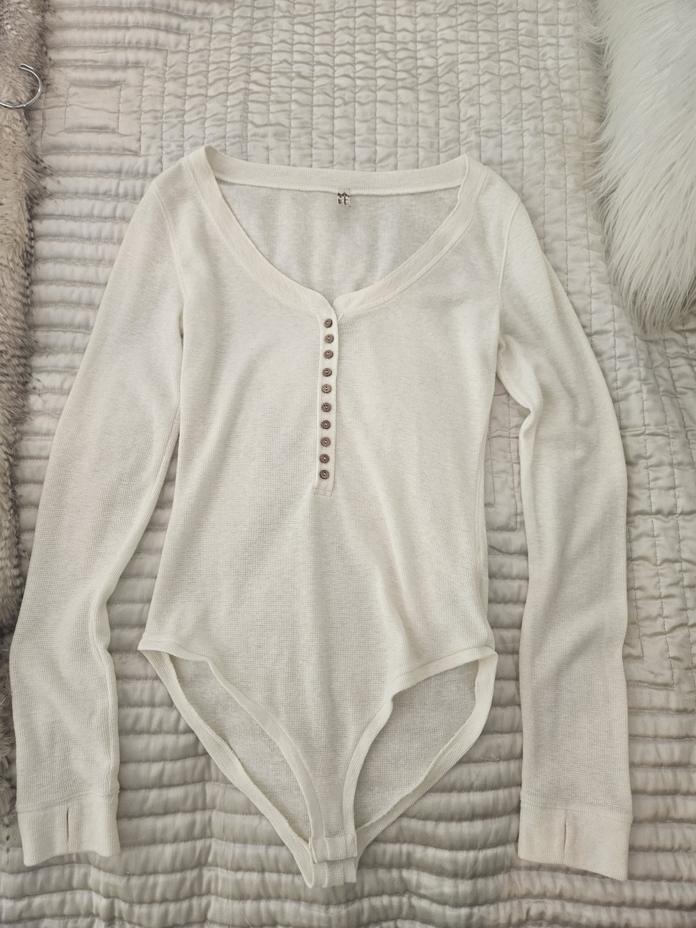 FREE PEOPLE Cream Long Sleeve Henley Bodysuit